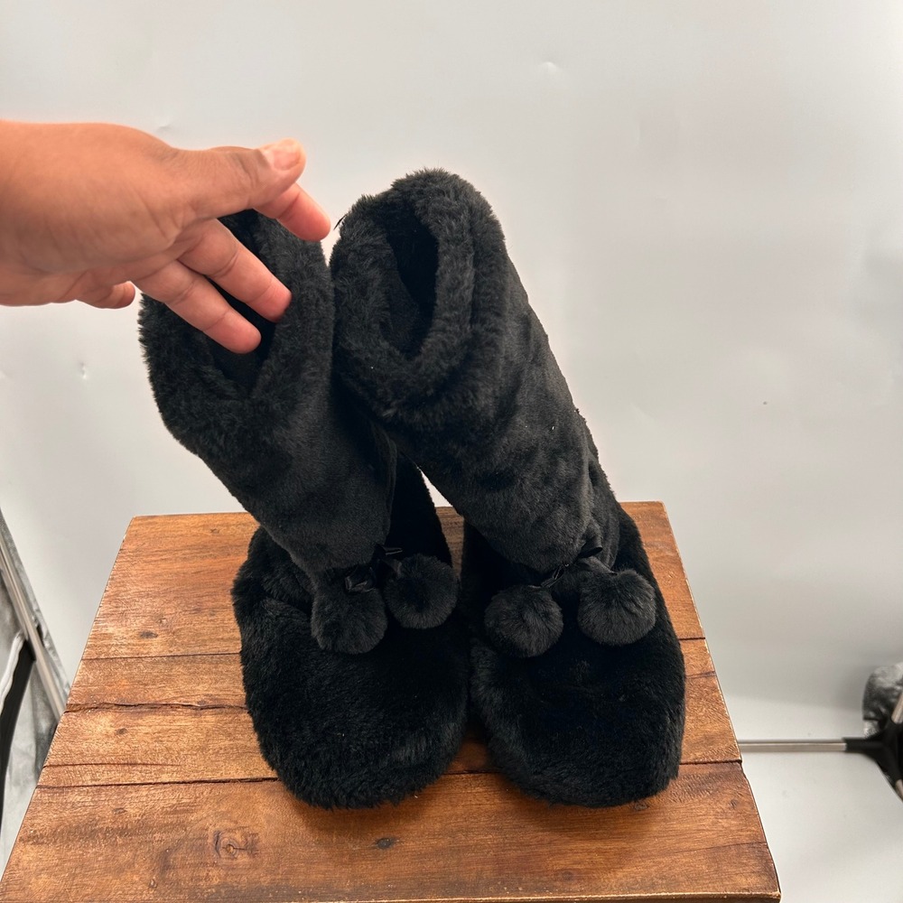 PajamaGram Womens Black Faux Fur Pom Pom Slipper Boots Plush Booties